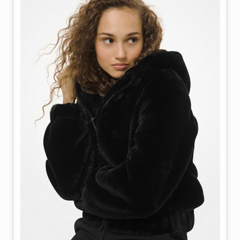 MICHAEL KORS BLACK FAUX FUR HOODED COAT
